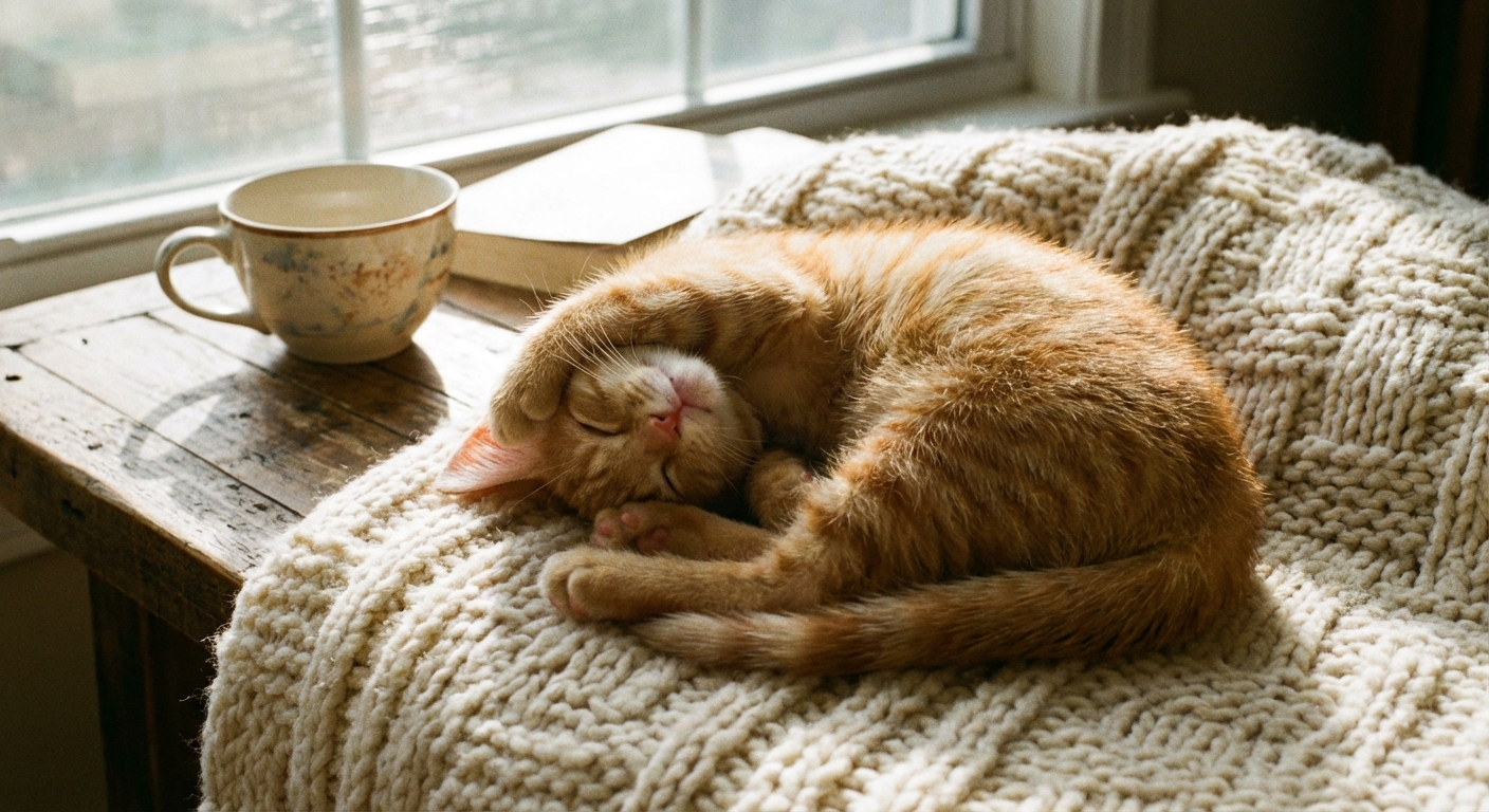 A small orange kitten curled up asleep on a soft cream blanket