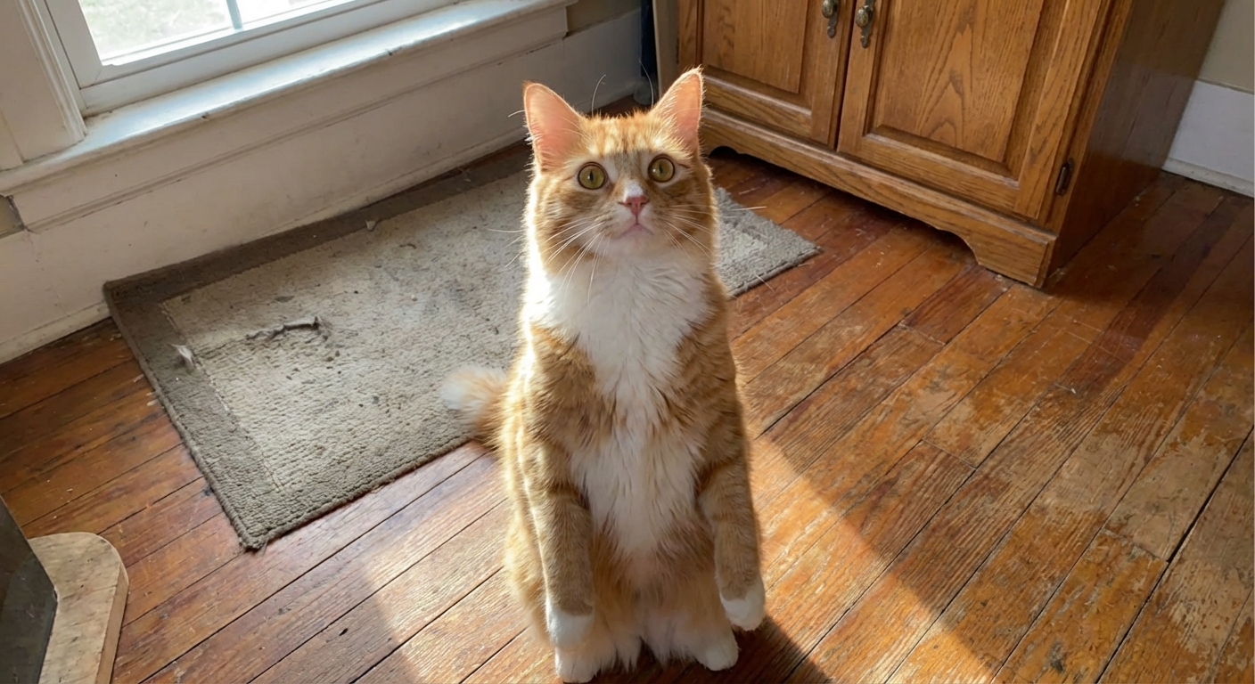 An orange and white cat standing on a hardwood floor looking up with bright eyes