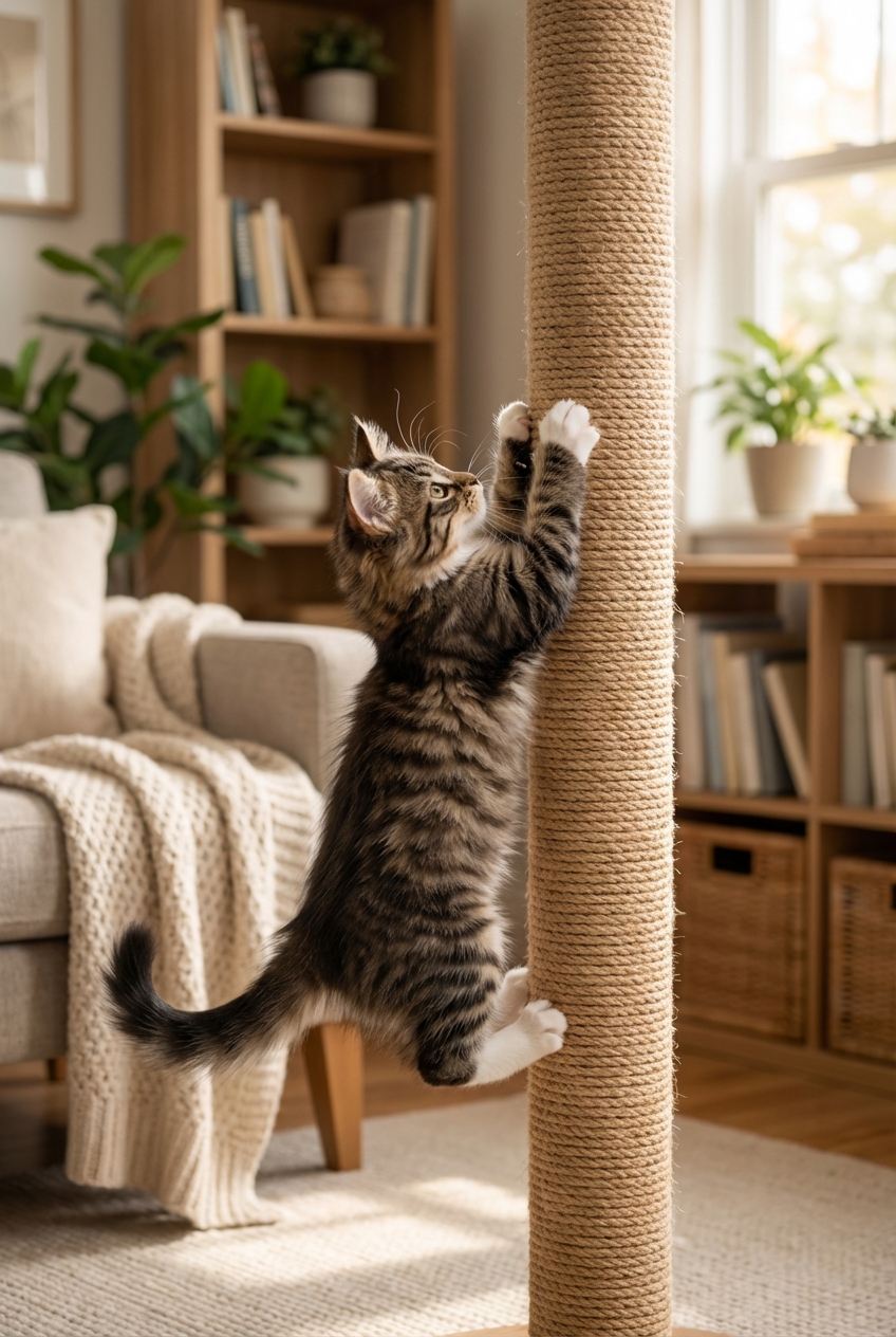 A 4 month old kitten stretching up a tall scratching post in a cozy living room