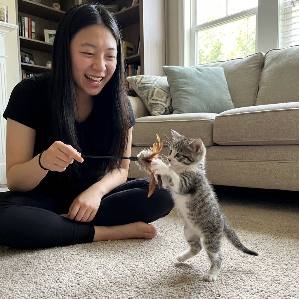 A 4-week-old kitten batting at a soft wand toy held by a person in a living room
