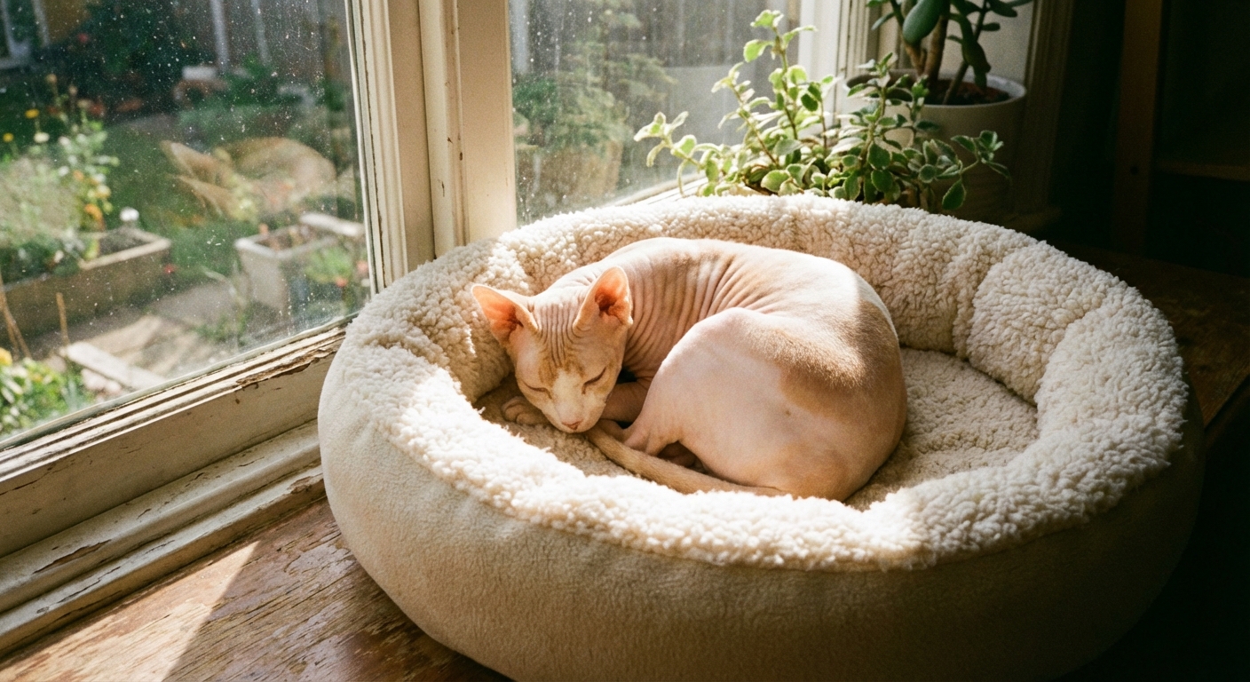A Bambino cat curled up in a cozy fleece bed next to a sunny window
