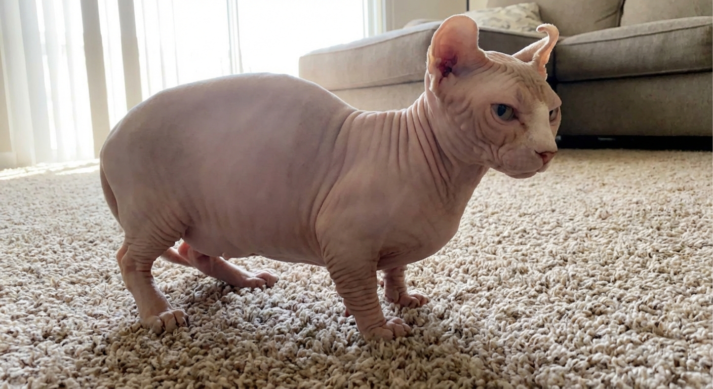 A Bambino cat standing on a carpeted floor showing its short legs and hairless body