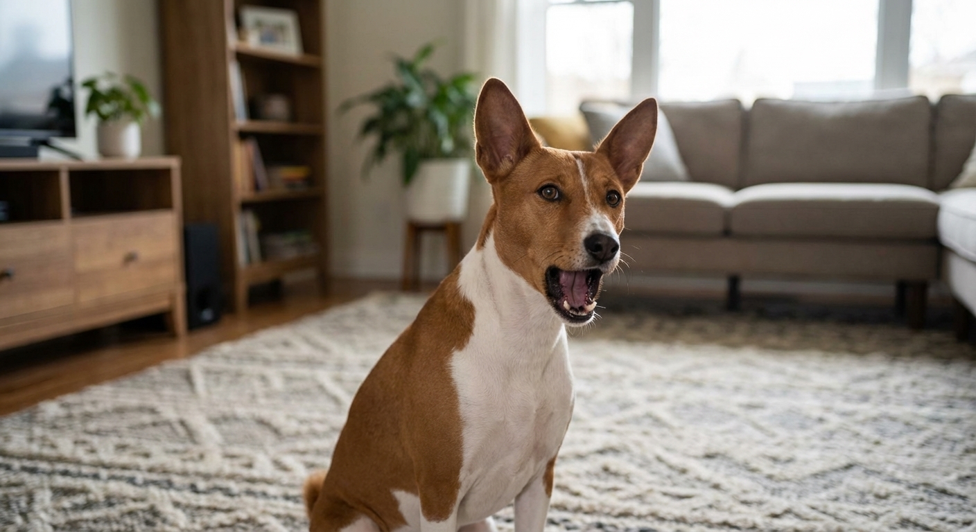 A Basenji sitting on a living room rug with mouth open mid-vocalization, ears upright and eyes bright, candid indoor pet photo