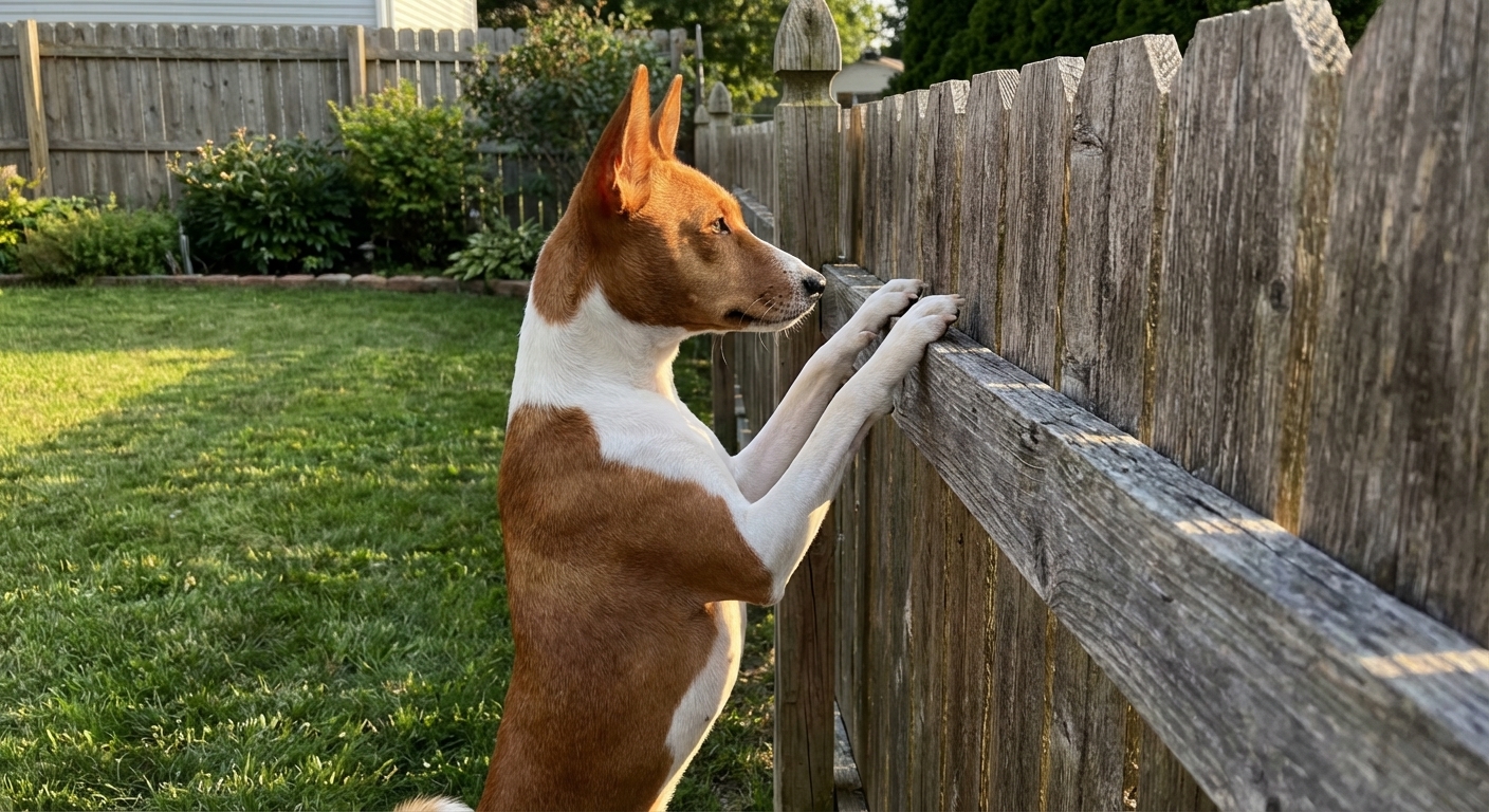 A Basenji standing with front paws up on a wooden backyard fence, looking over the top with alert posture, real pet photography