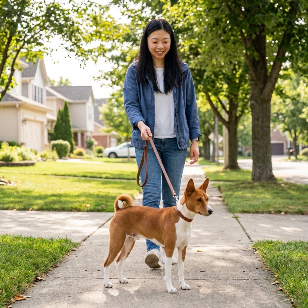 A Basenji walking on a leash beside an owner on a quiet neighborhood sidewalk in daylight, attentive posture and curled tail, real life photo