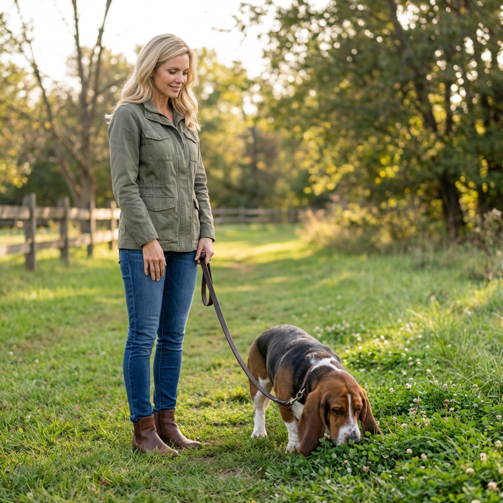 A Basset Hound outdoors with its nose to the grass while an owner holds a leash and waits patiently