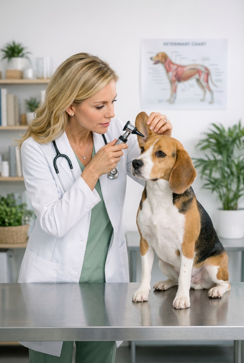 A Beagle having its ear gently examined by a veterinarian in a clinic