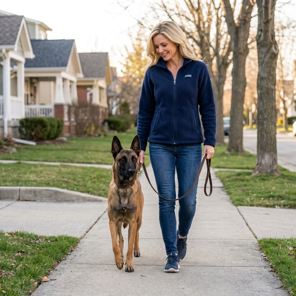 A Belgian Malinois calmly heeling beside a handler on a neighborhood sidewalk