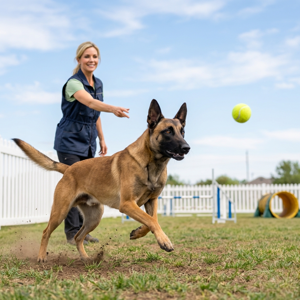 A Belgian Malinois running across a training field chasing a ball thrown by a handler