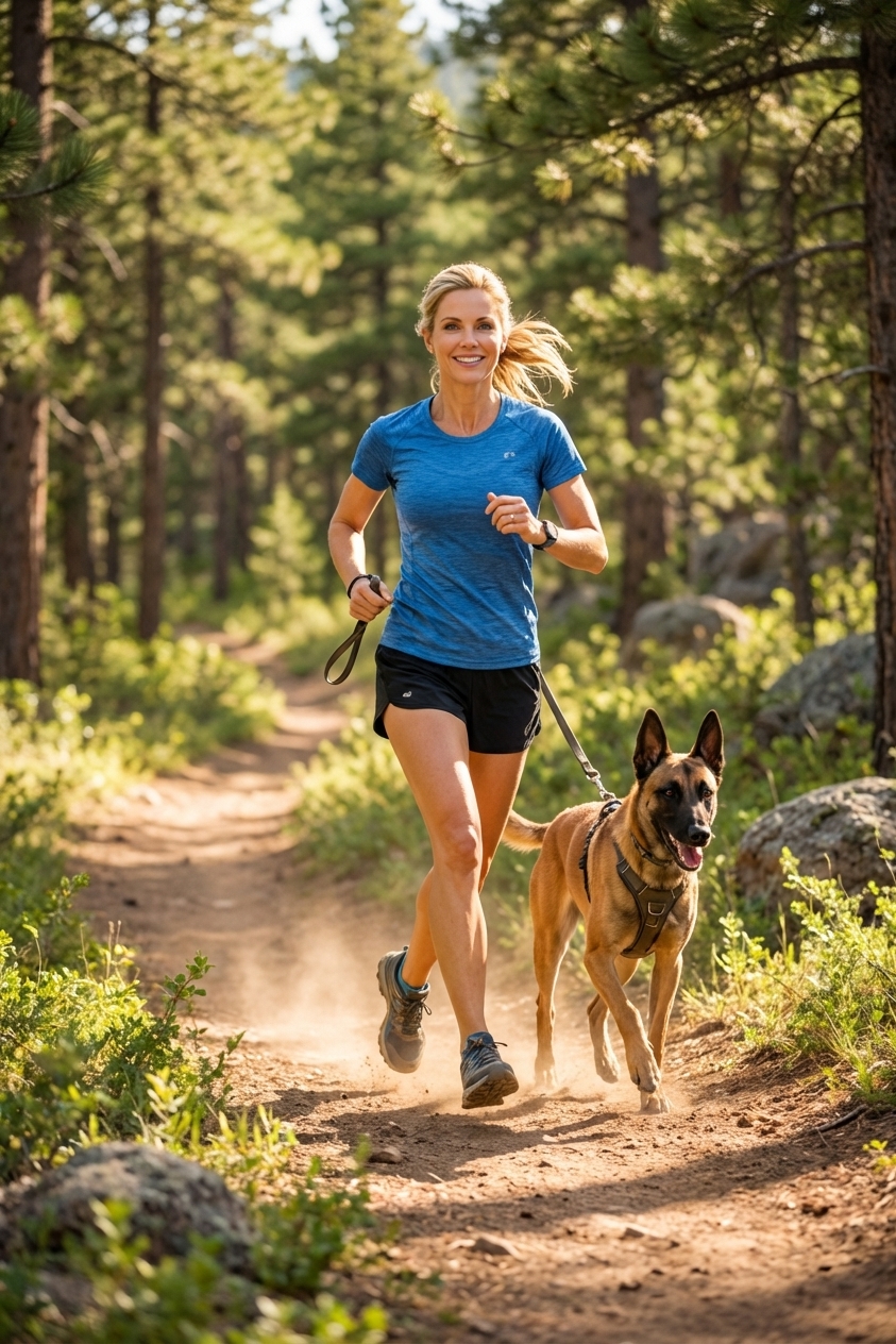 A Belgian Malinois running alongside a handler on a dirt trail during a hike