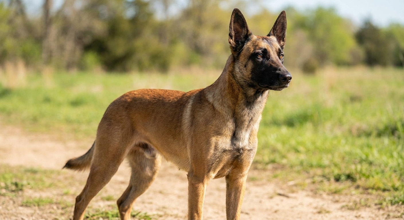 A Belgian Malinois standing alert outdoors with a focused expression