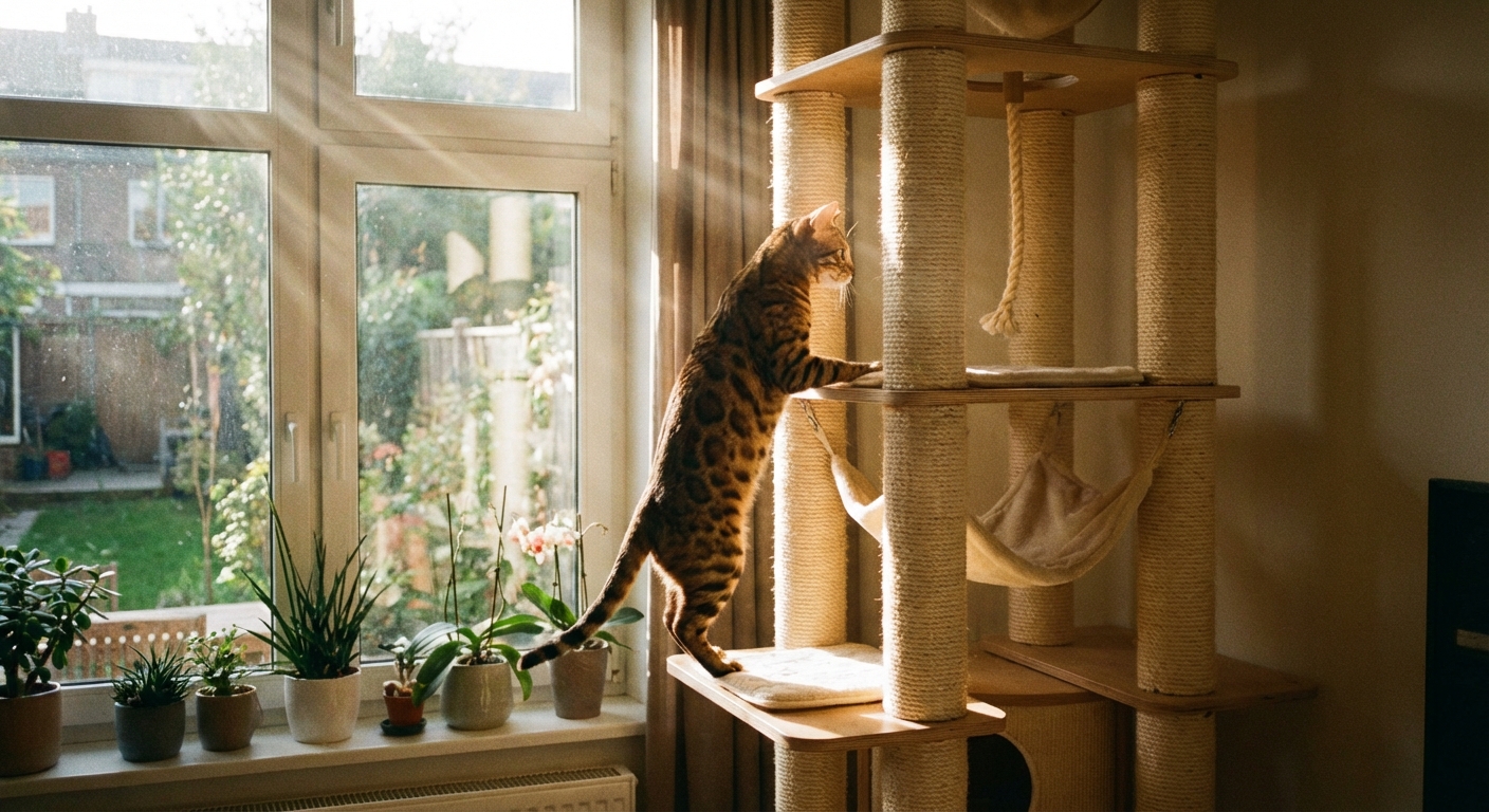 A Bengal cat climbing a tall cat tree near a sunny window