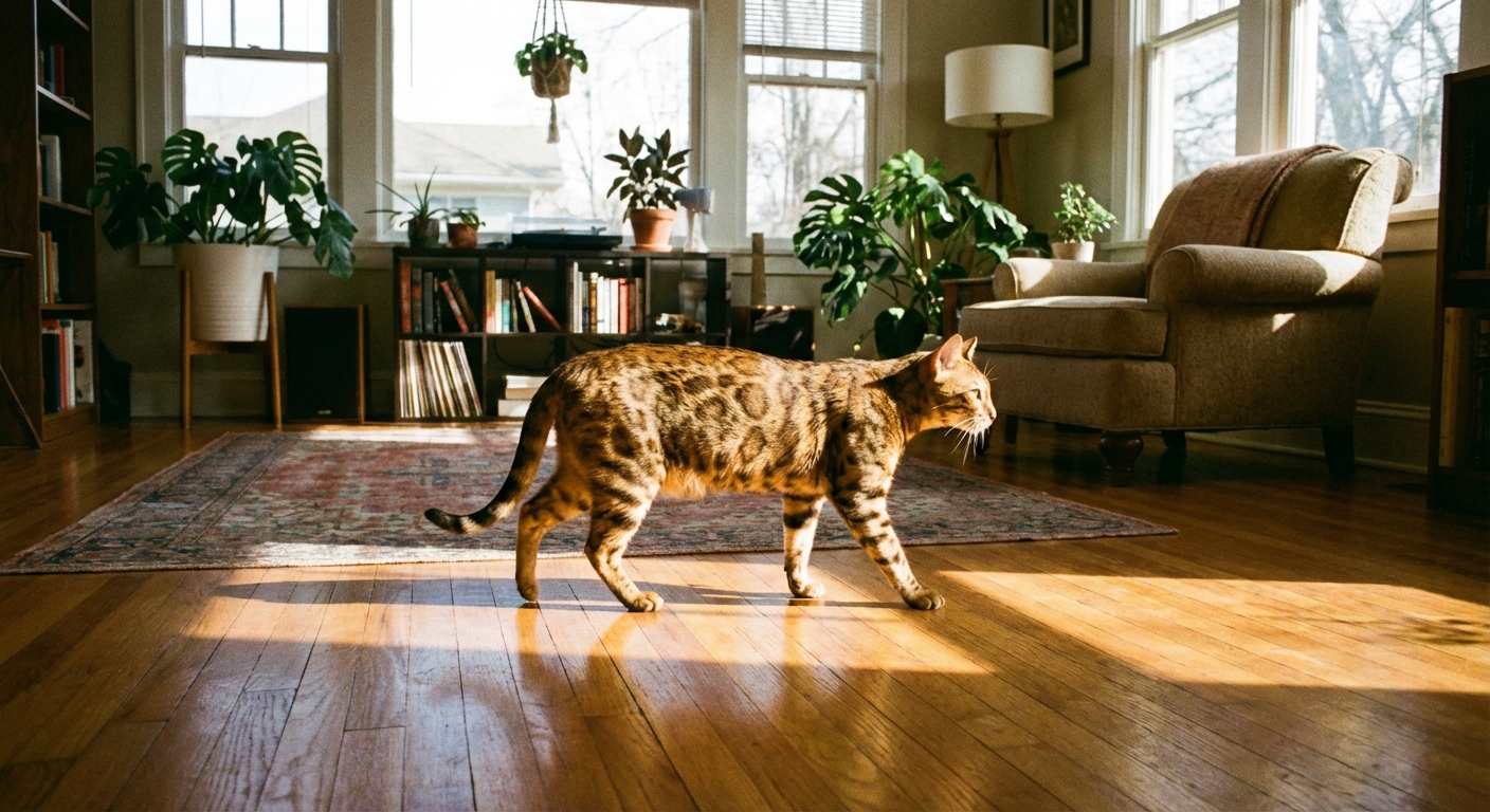 A Bengal cat walking across a hardwood floor in a bright living room