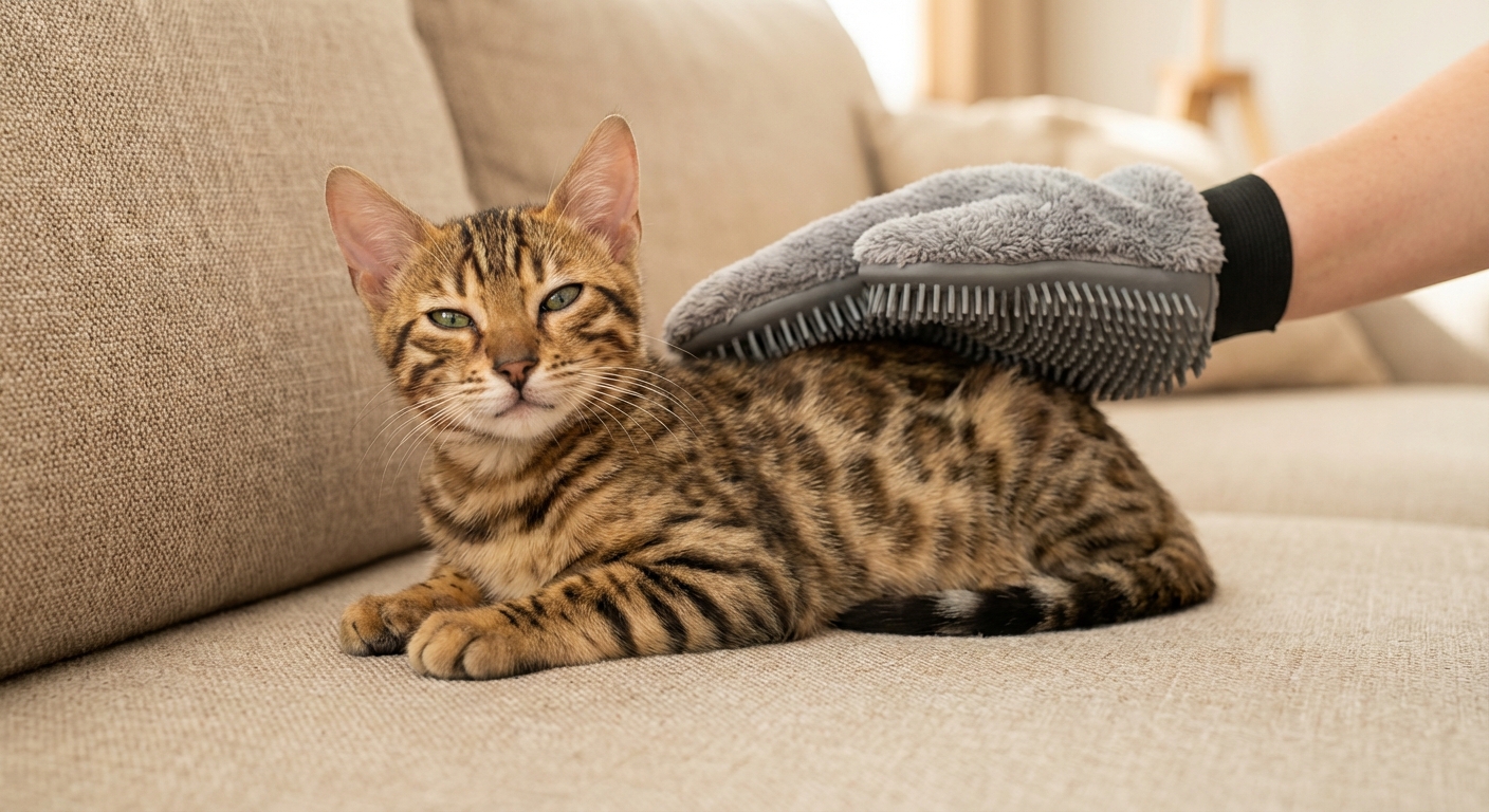 A Bengal kitten being gently brushed with a soft grooming mitt on a couch