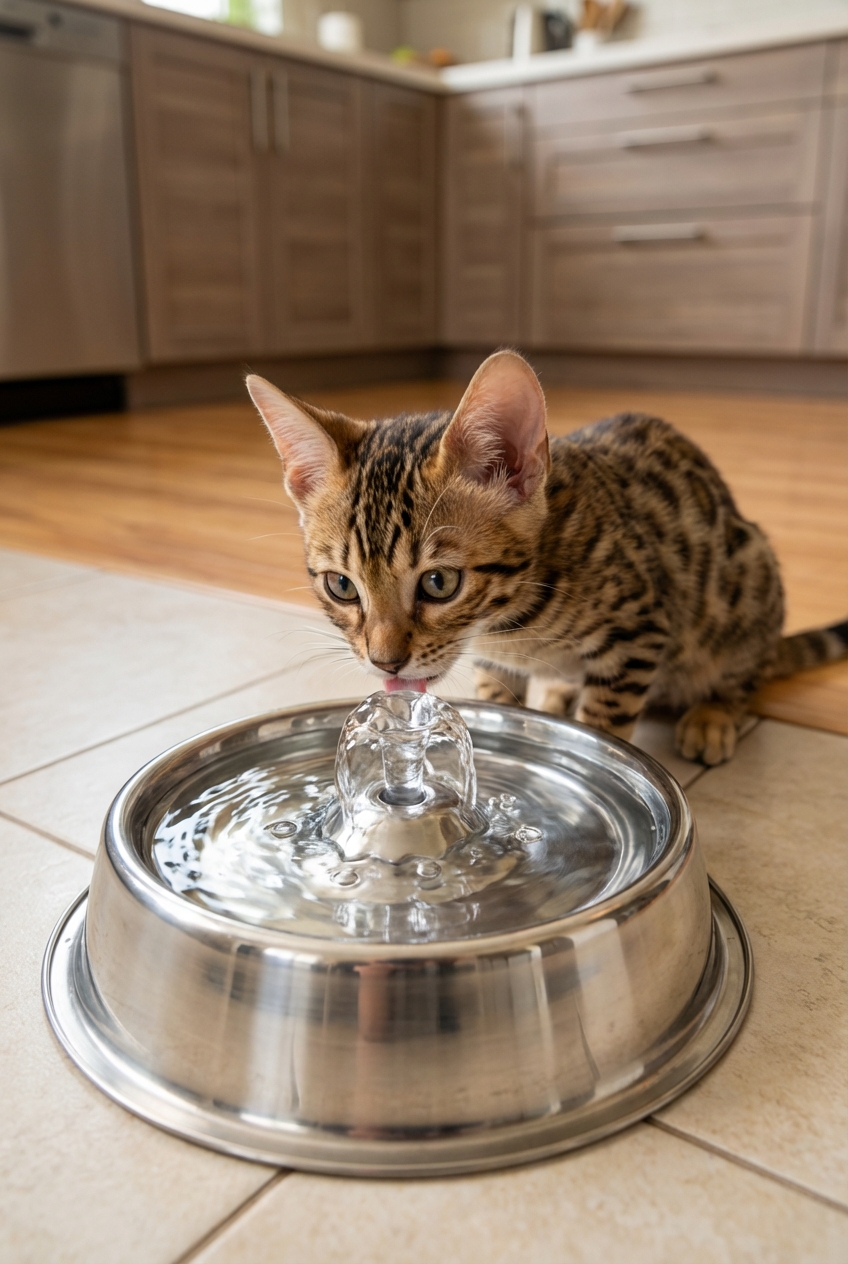 A Bengal kitten drinking from a small stainless steel pet water fountain on a kitchen floor