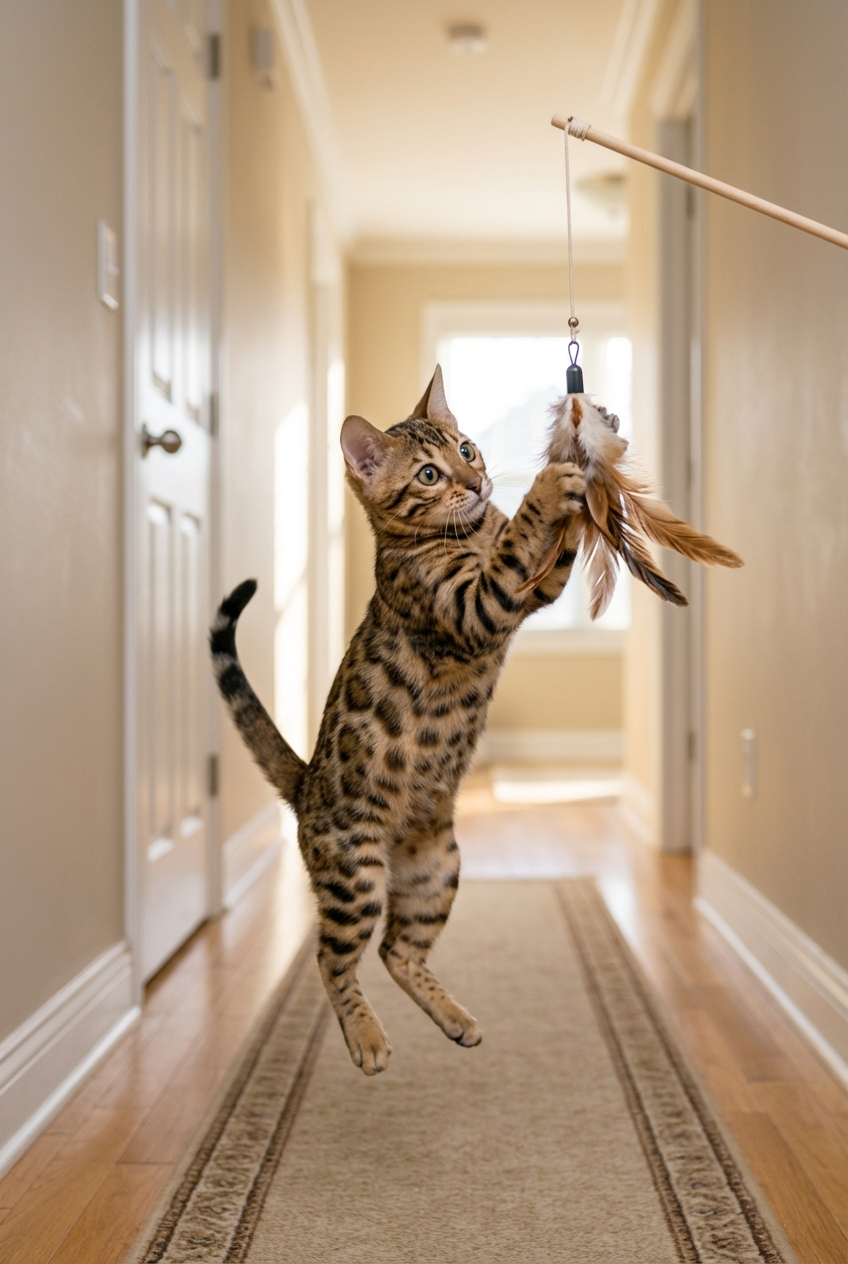 A Bengal kitten playing with a feather wand toy in a hallway