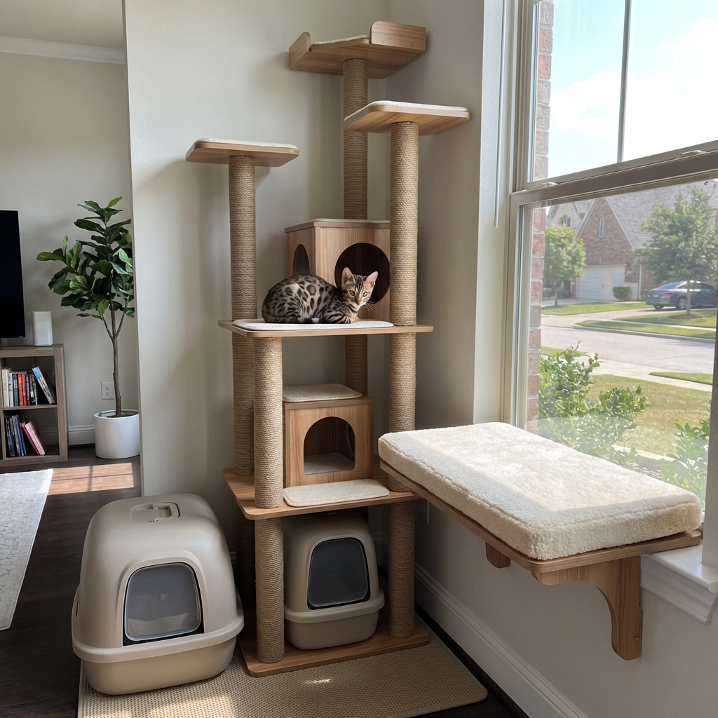 A Bengal kitten setup with a tall cat tree, two litter boxes, and a window perch in a tidy room