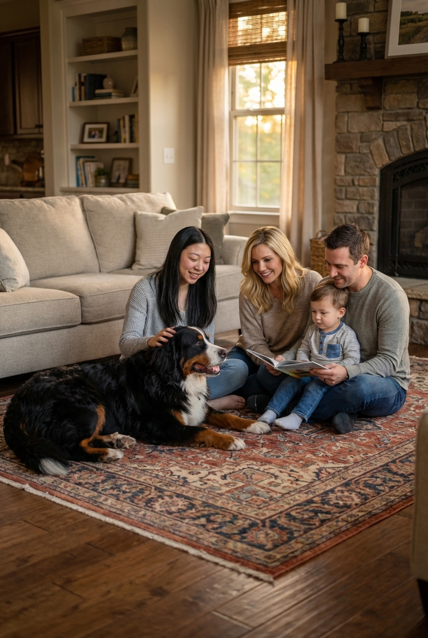 A Bernese Mountain Dog lying calmly on a living room floor next to a family