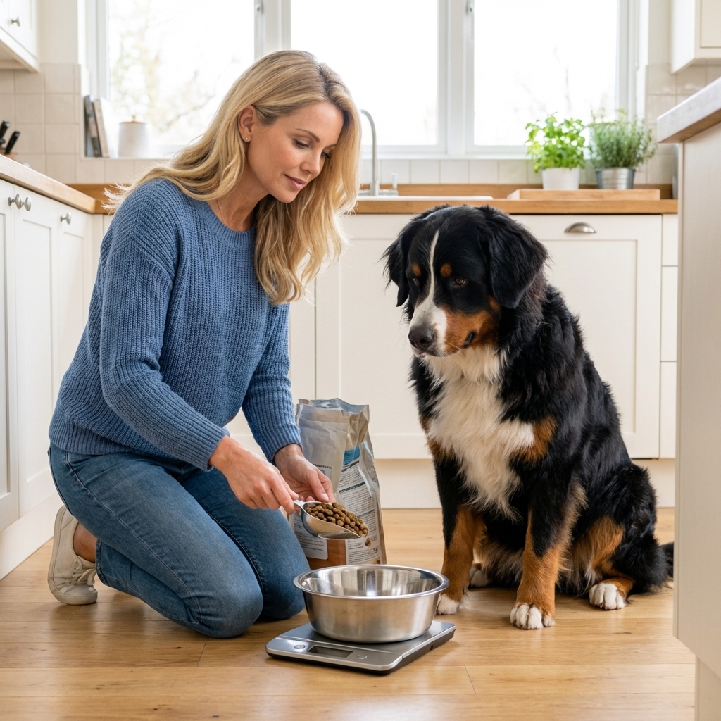 A Bernese Mountain Dog sitting patiently in a bright kitchen next to a stainless steel bowl, with a person measuring food portions using a kitchen scale, photorealistic candid photo