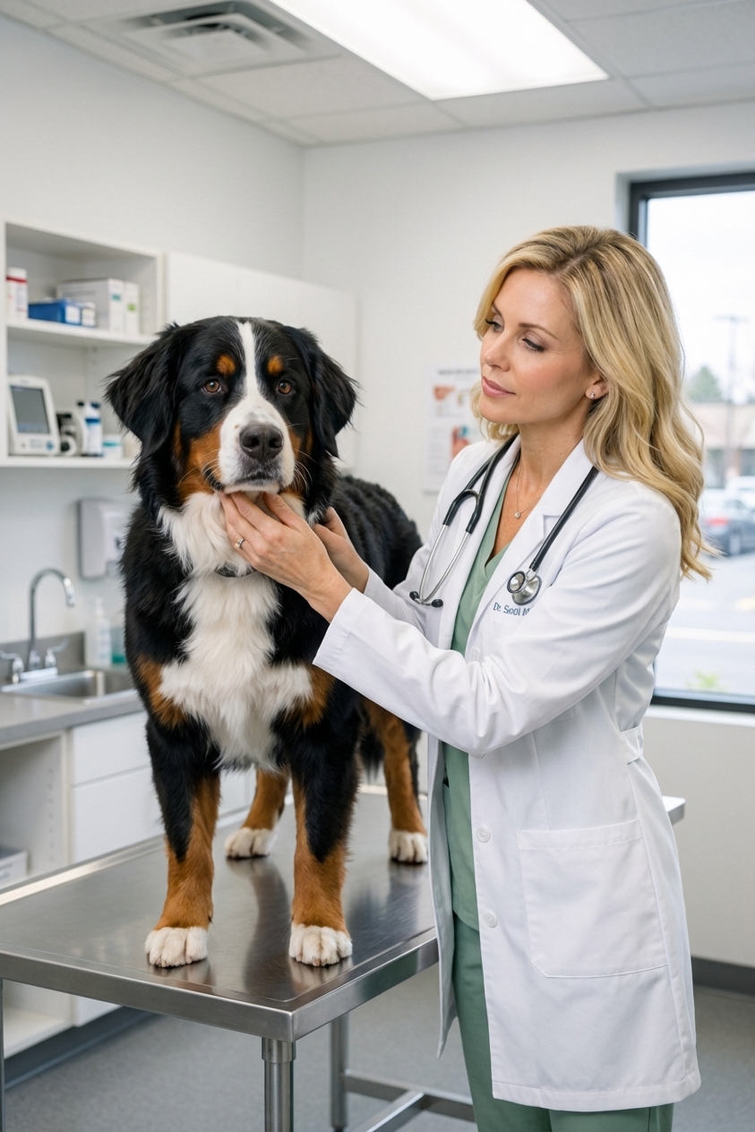 A Bernese Mountain Dog standing on an exam table while a veterinarian palpates the dog's lymph nodes under the jaw, clinical setting, realistic photography