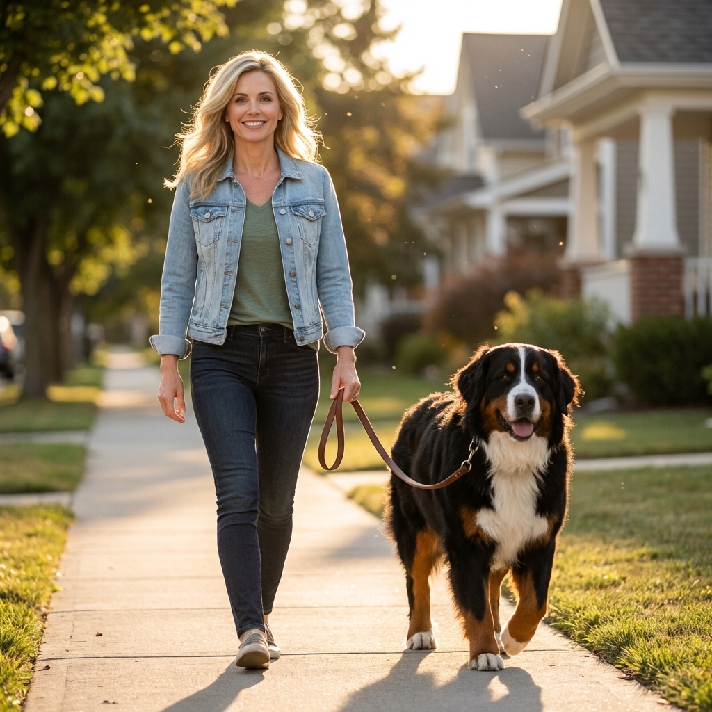 A Bernese Mountain Dog walking slowly beside an owner on a neighborhood sidewalk, leash visible, late afternoon light, realistic photography