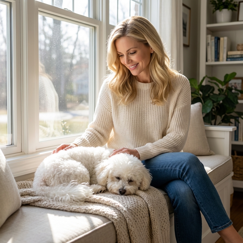 A Bichon Frise resting quietly on a blanket near a window