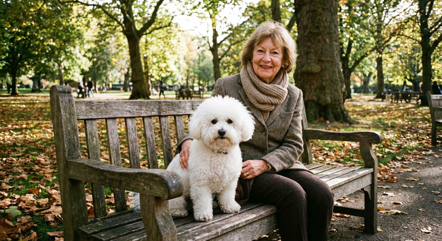 A Bichon Frise sitting calmly on a park bench beside an older adult