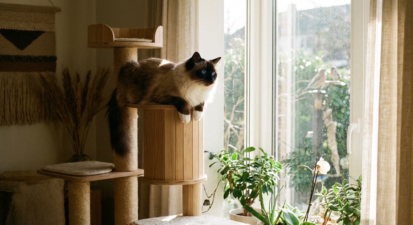 A Birman cat sitting on a tall cat tree near a sunny window, looking outside