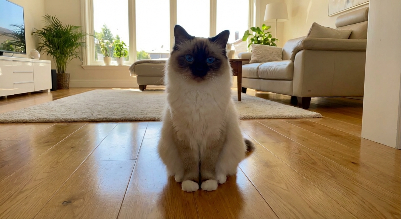 A Birman cat sitting upright on a polished wooden floor in a bright home interior
