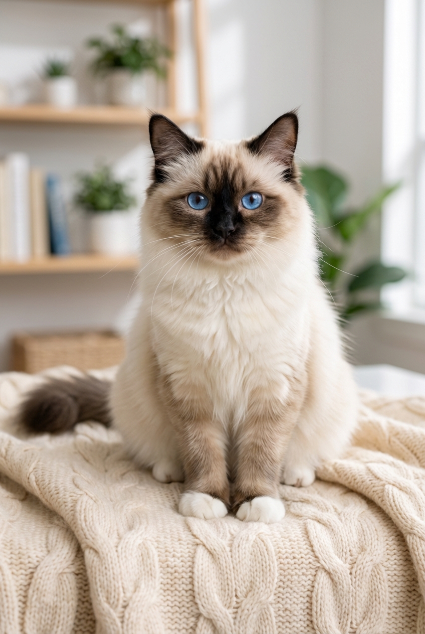 A Birman cat with blue eyes sitting quietly on a soft blanket