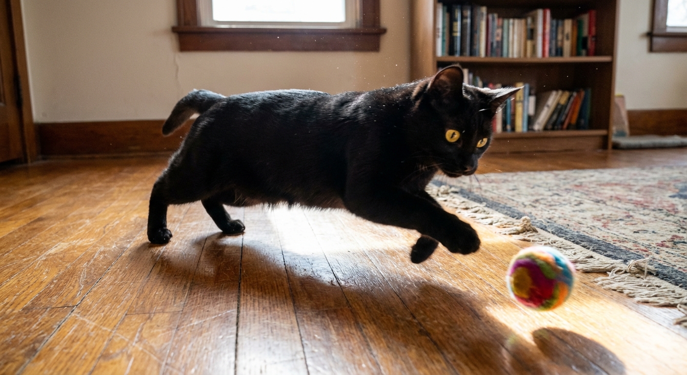 A Bombay cat chasing a small ball toy across a hardwood floor