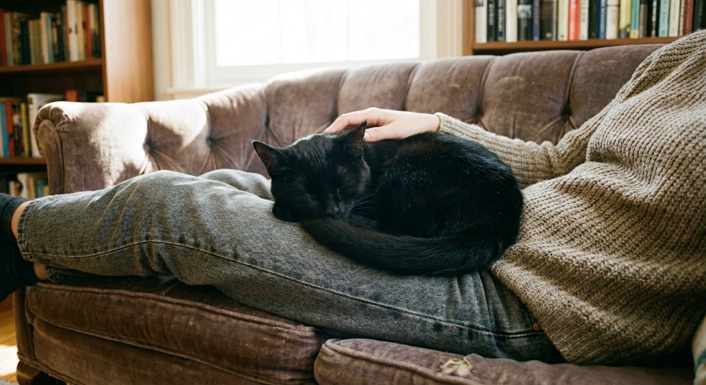 A Bombay cat curled up asleep on a person’s lap on a sofa