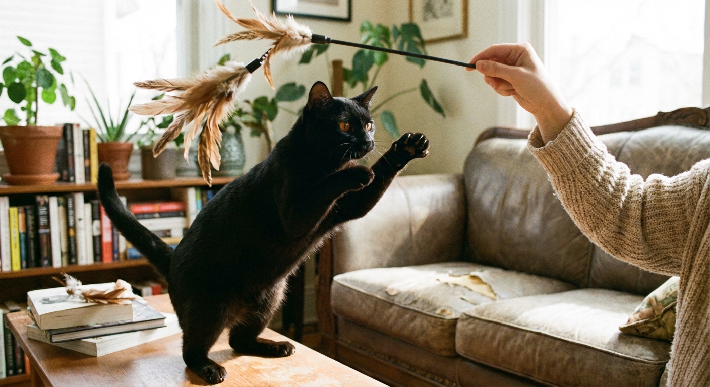A Bombay cat reaching for a feather wand toy held by a person in a living room