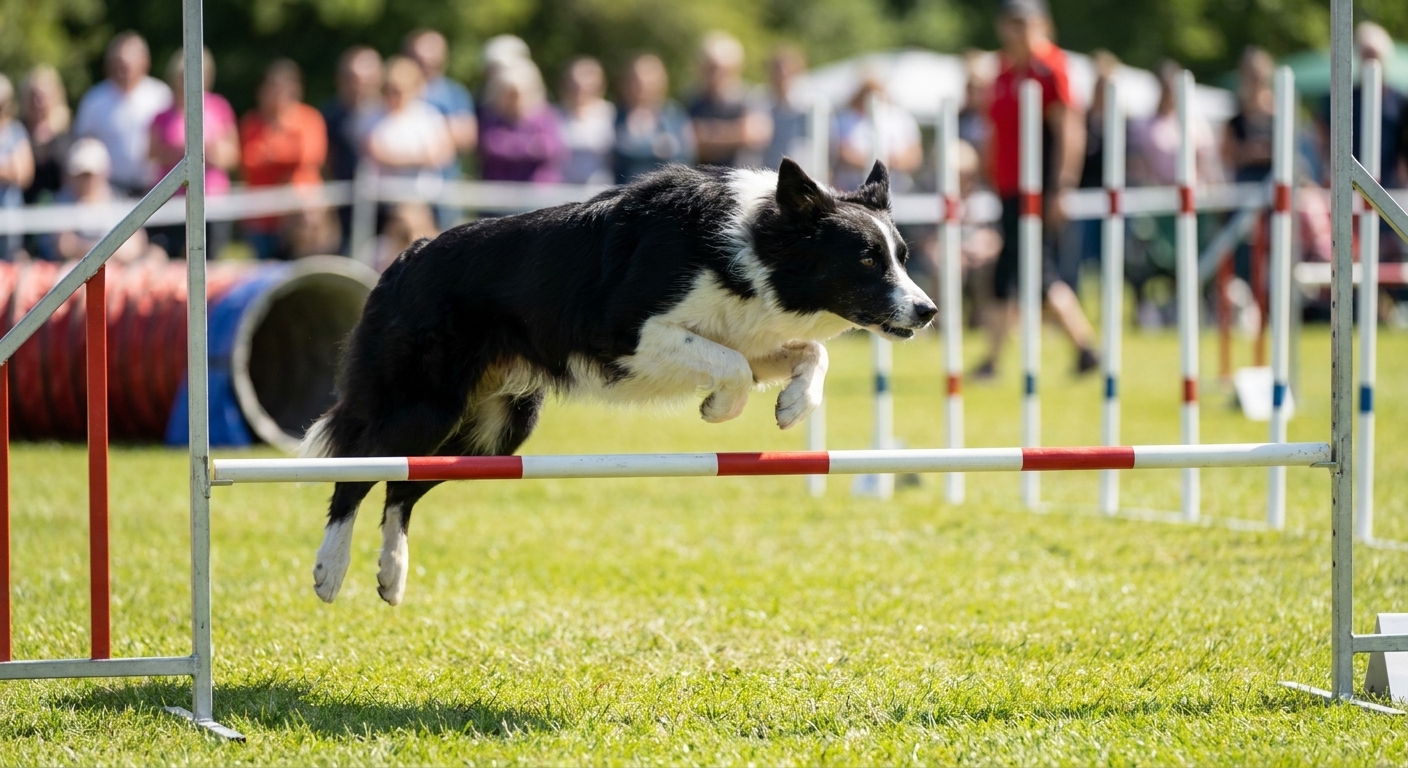 A Border Collie midair over an agility jump in a bright outdoor competition ring, action photo with shallow depth of field