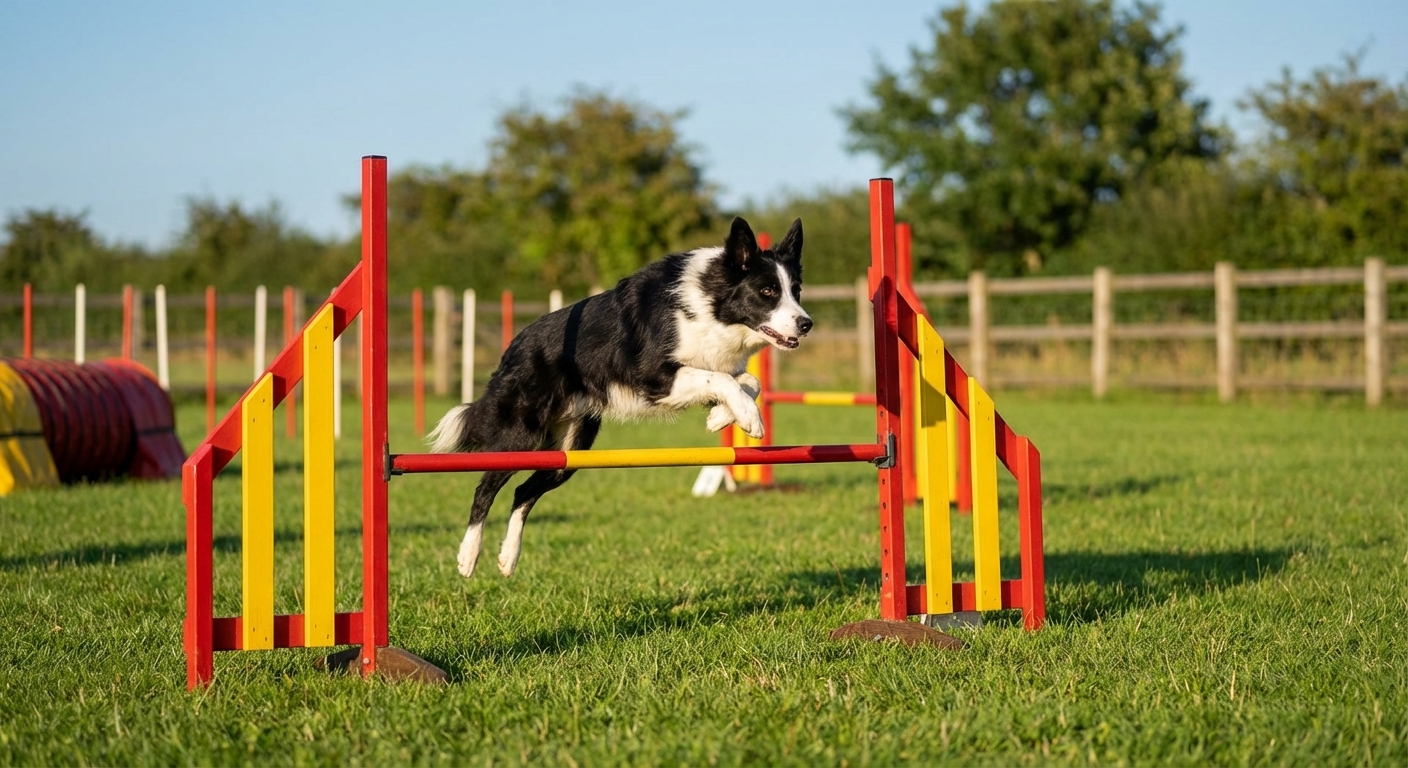 A Border Collie running through an agility course in a grassy field