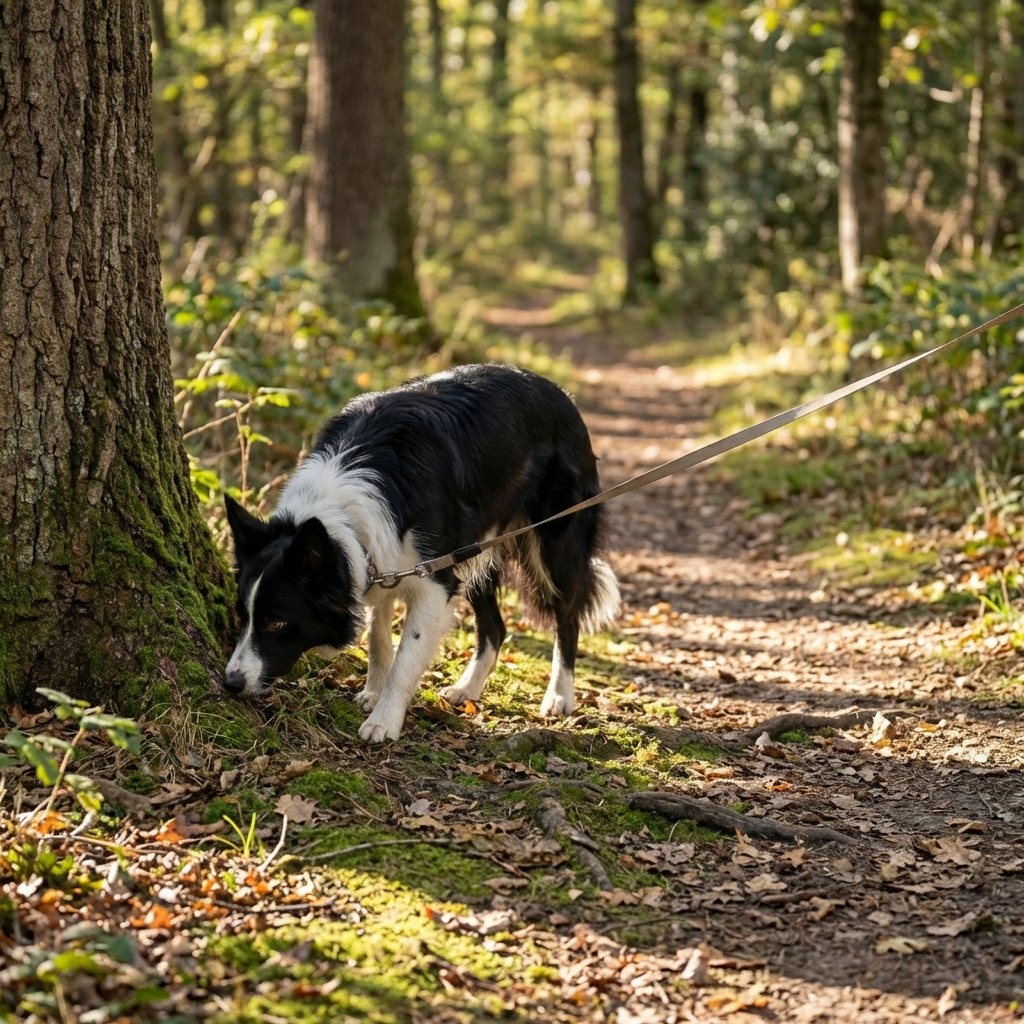 A Border Collie sniffing along a wooded trail on a long leash during a calm walk