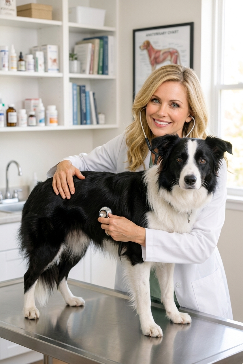 A Border Collie standing calmly on a veterinary exam table while a veterinarian listens to its chest with a stethoscope in a bright clinic room