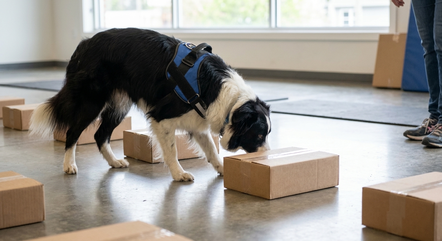 A Border Collie wearing a harness carefully sniffing cardboard scent boxes during a nose work training session indoors