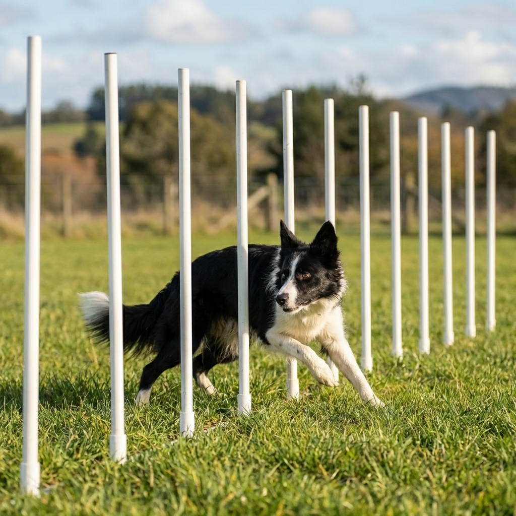 A Border Collie weaving through agility poles in an outdoor training field