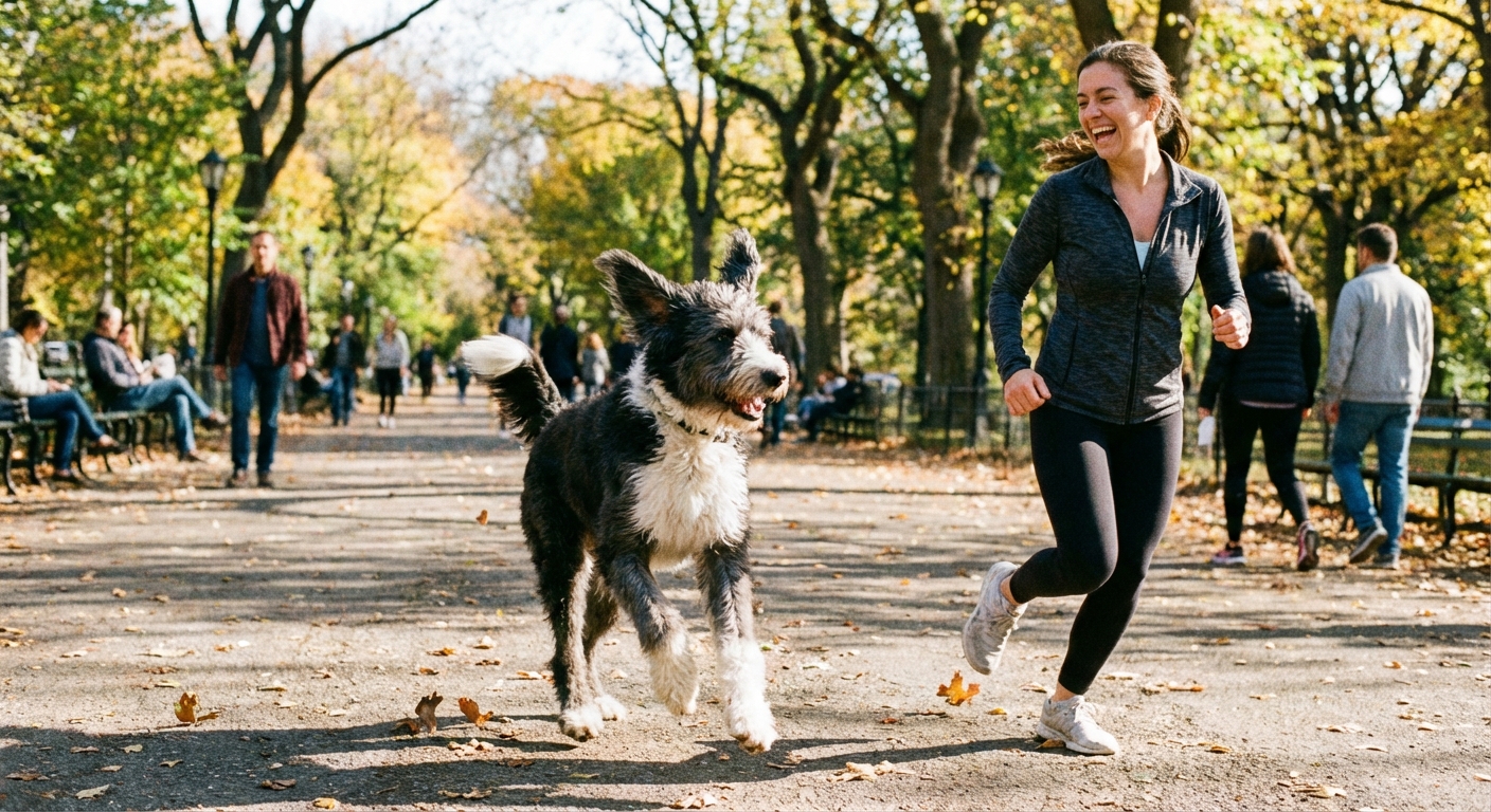 A Bordoodle running alongside a person on a park path, ears bouncing