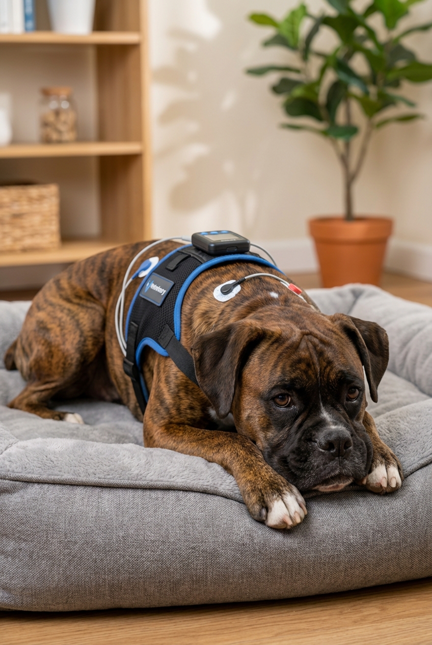 A Boxer wearing a small veterinary heart monitor vest while resting on a dog bed
