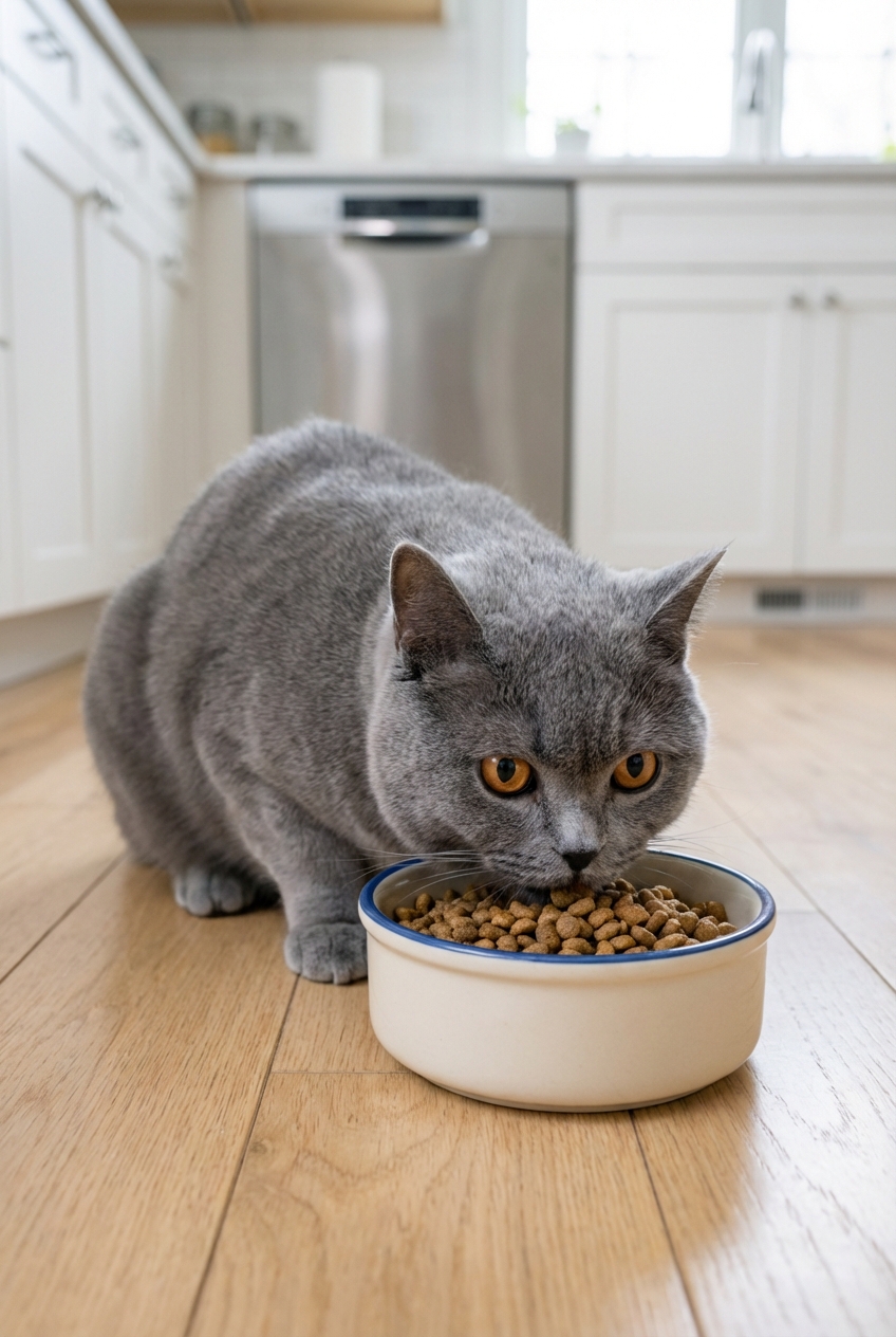 A British Shorthair cat eating from a ceramic bowl on a kitchen floor