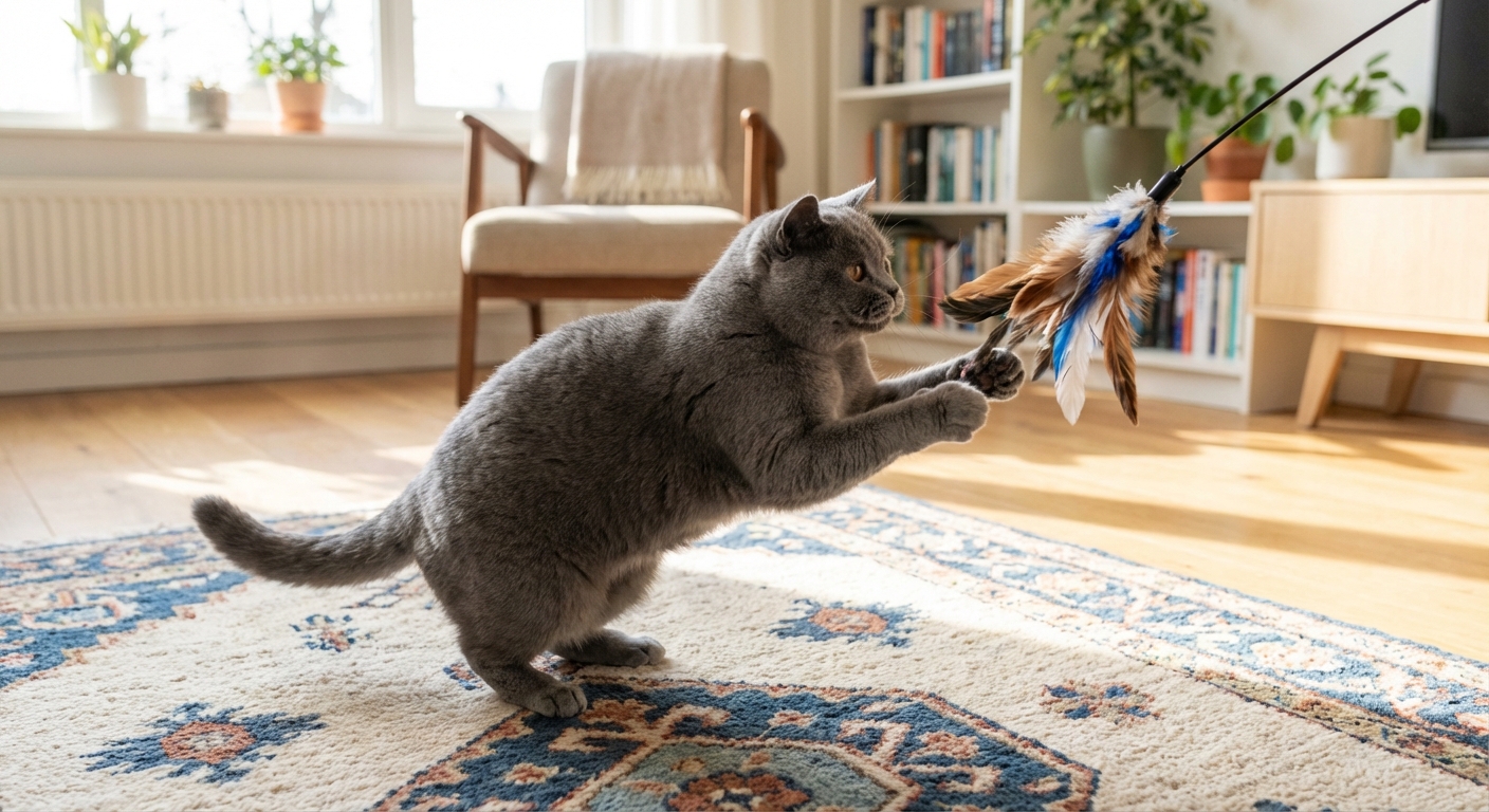 A British Shorthair cat reaching for a feather wand toy on a rug in a bright room