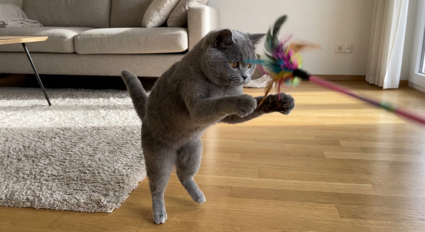 A British Shorthair cat reaching for a feather wand toy during playtime