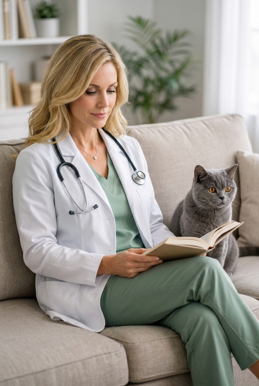 A British Shorthair cat sitting calmly beside a person reading on a sofa