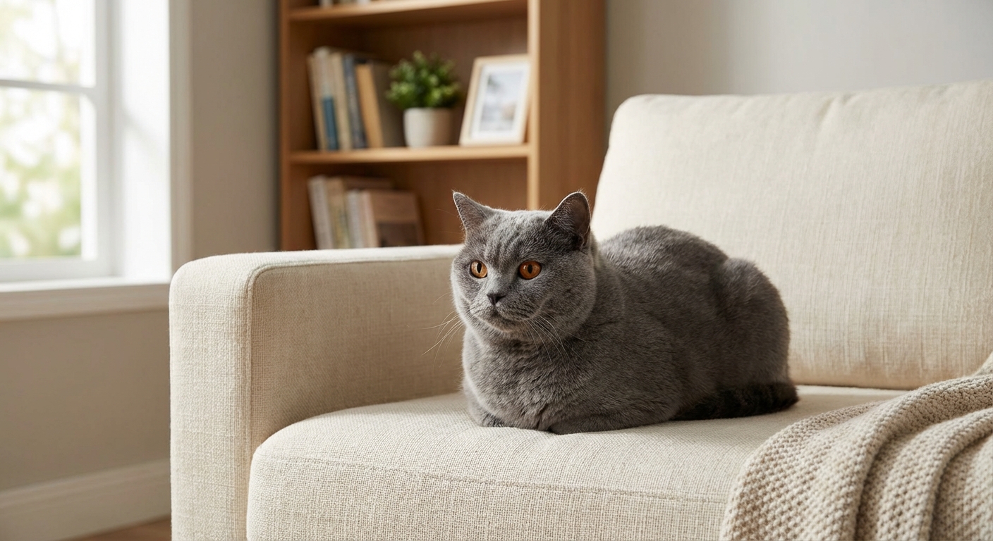 A British Shorthair cat sitting calmly on a sofa in a quiet living room