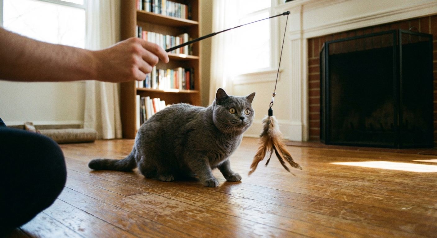 A British Shorthair cat watching a feather toy held by a person on a hardwood floor