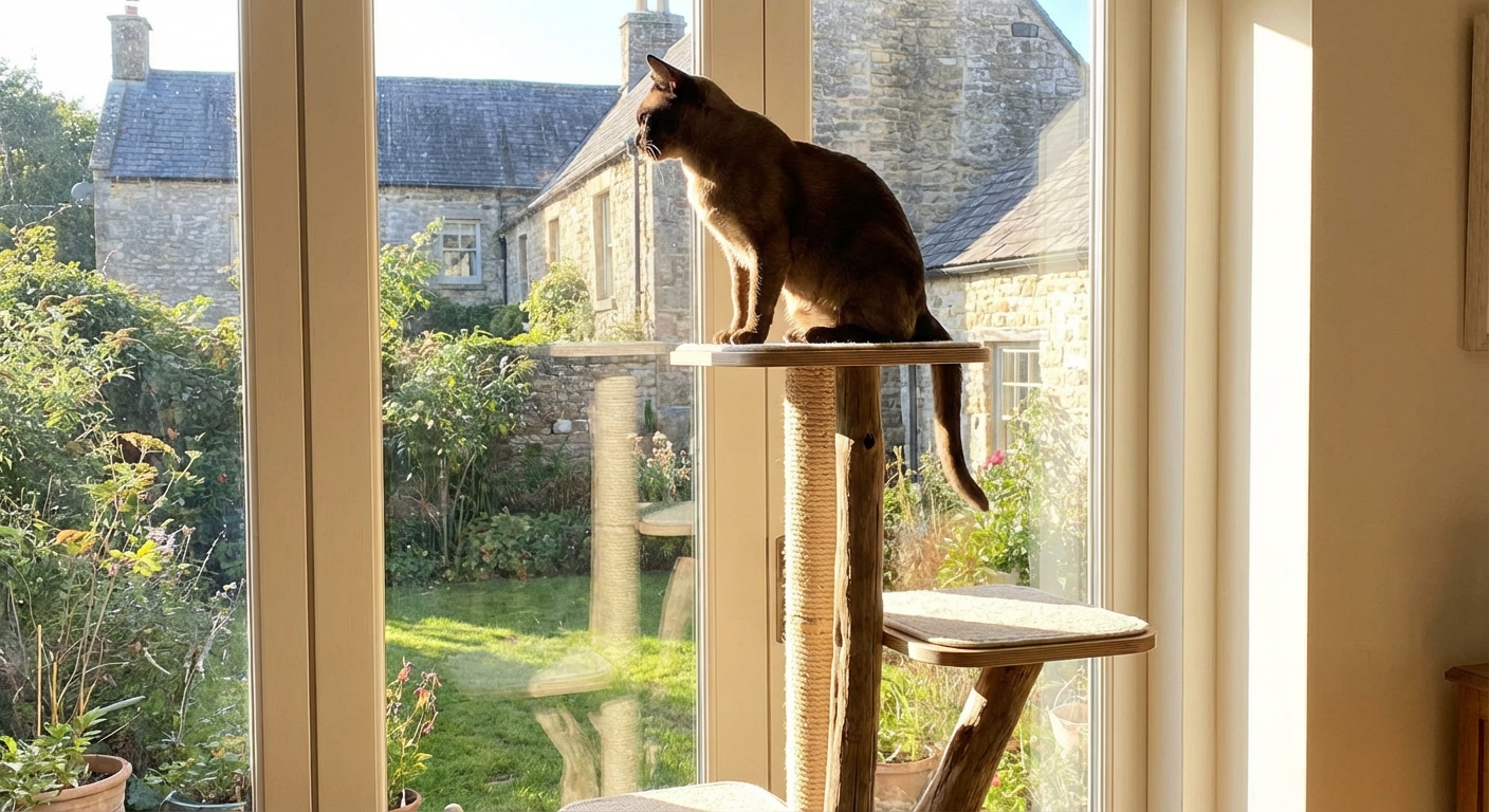 A Burmese cat perched on a tall cat tree looking out a bright window
