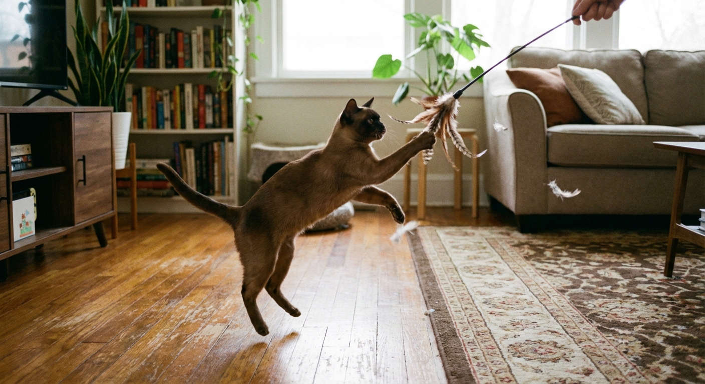 A Burmese cat playing with a feather wand toy on a living room floor