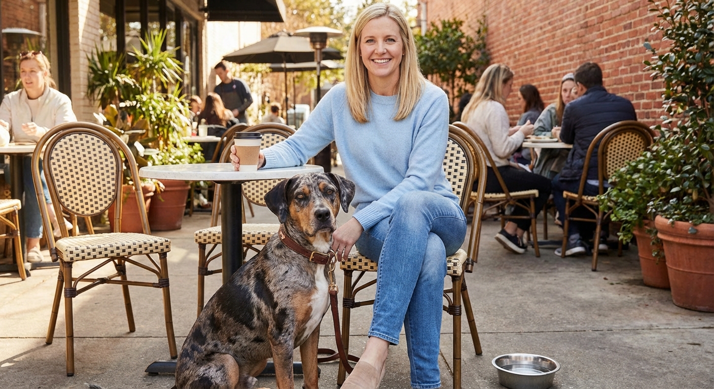 A Catahoula Leopard Dog sitting calmly beside its owner at an outdoor cafe